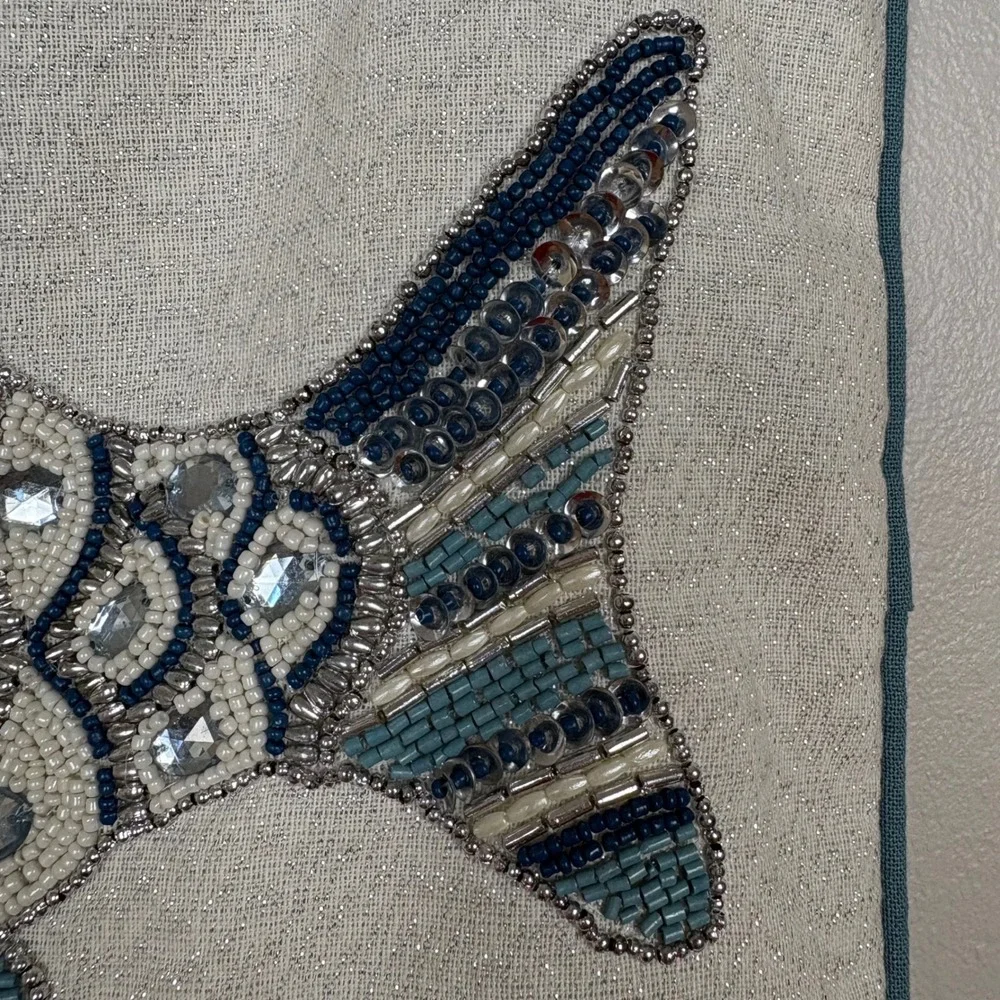Pier One Beaded Fish‎ Pillow Sham Square 14x14 Blue Cream Sparkly Sequin Beach